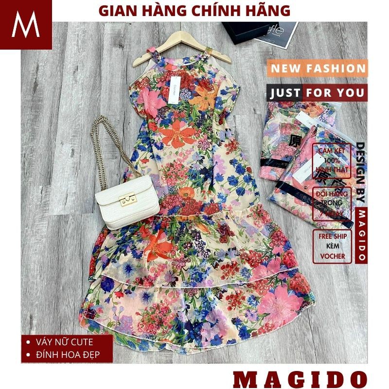 váy nữ  đầm hoa nữ ,đầm yếm tầng voan hoa cực xinh, thời trang vintage maxi đi biển cute MAGIDO-(KÈM QUÀ TẶNG+ẢNH THẬT)