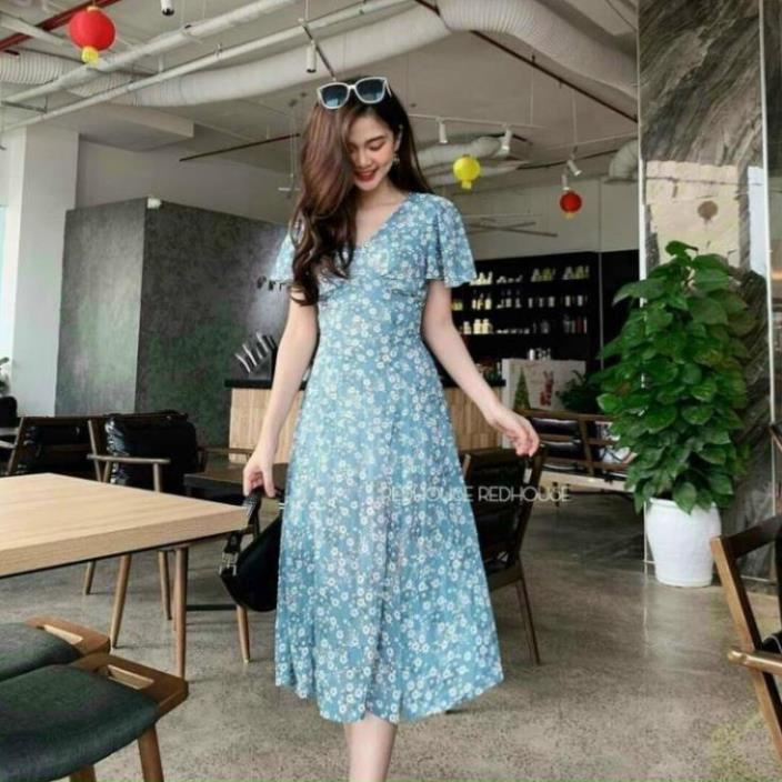 TSL-Ảnh thật Đầm lụa hoa cúc nhí siêu xinh, váy xòe đuôi cá cổ chéo V tay ngắn đi chơi, dạo phố vàng, xanh