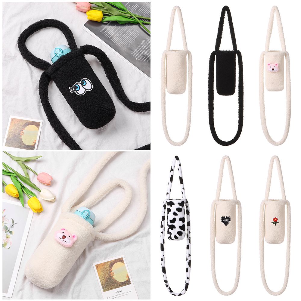 Quai đựng ly nước bằng vải lông có dây đeo họa tiết bò sữa dễ thương cho học sinh sinh viên
