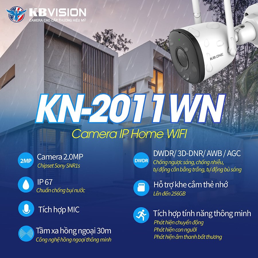 Camera IP wifi KBONE Kn-2011wn , kn 2011wn , kn2011wn kèm thẻ 32gb và thẻ 64gb , kbone ngoài trời