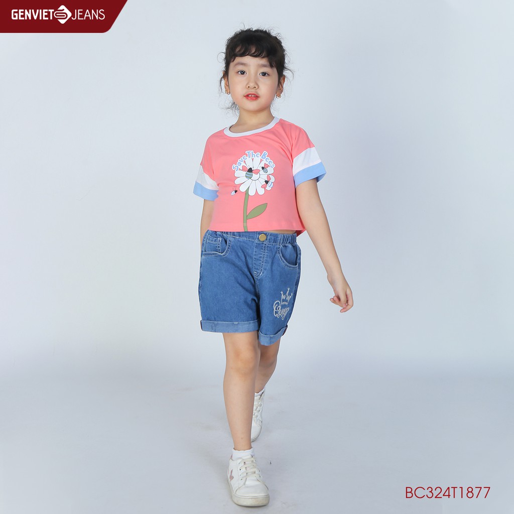 Áo thun hoa cúc cộc tay bé gái GENVIET KID BC324T1877