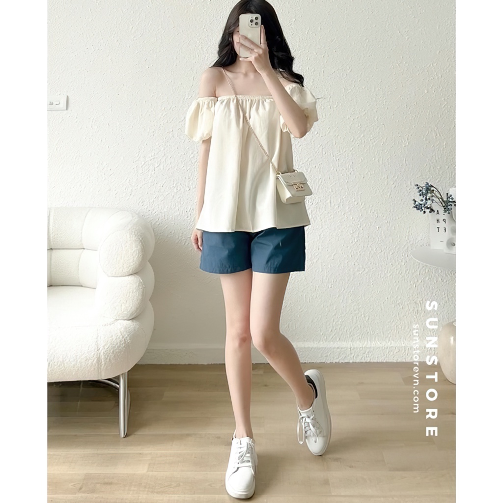 Set đồ nữ đi biển mùa hè áo trễ vai và quần short nữ lưng chun 2 màu