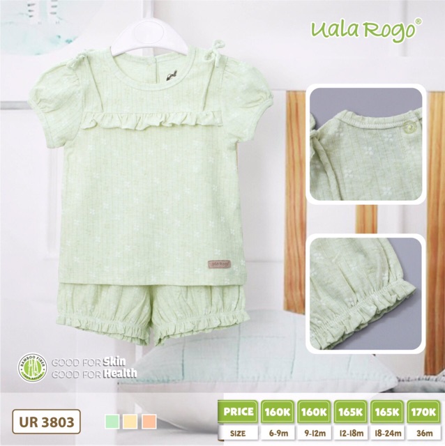 Bộ cộc tay uala rogo cài vai chui đầu chất cotton vải thủng, hoạ tiết modal, bộ bé gái cotton 2020