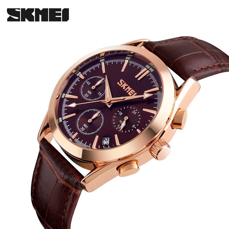 Đồng hồ nam dây da SKMEI 9127 chính hãng chạy 6 kim phong cách nhiều màu lựa chọn size 40mm