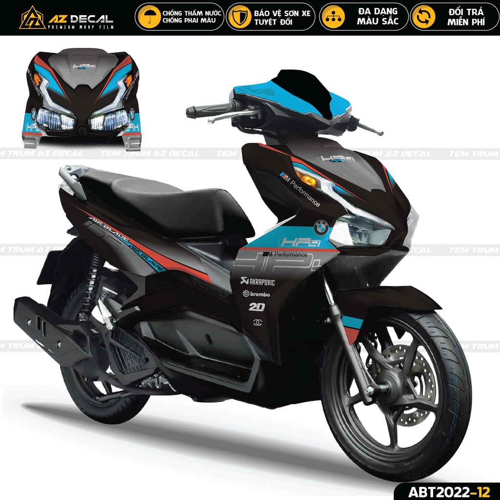 Tem Trùm Xe Airblade Mẫu HP4 | ABT2022-12 | Decal Dán Xe AB 2020 - 2022 Đẹp Màu Đen Xanh, Trắng Xanh, Xám Đen