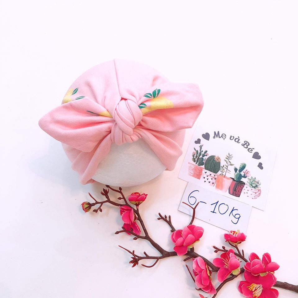 Mũ turban bé gái - hồng quả vàng (4-8kg)