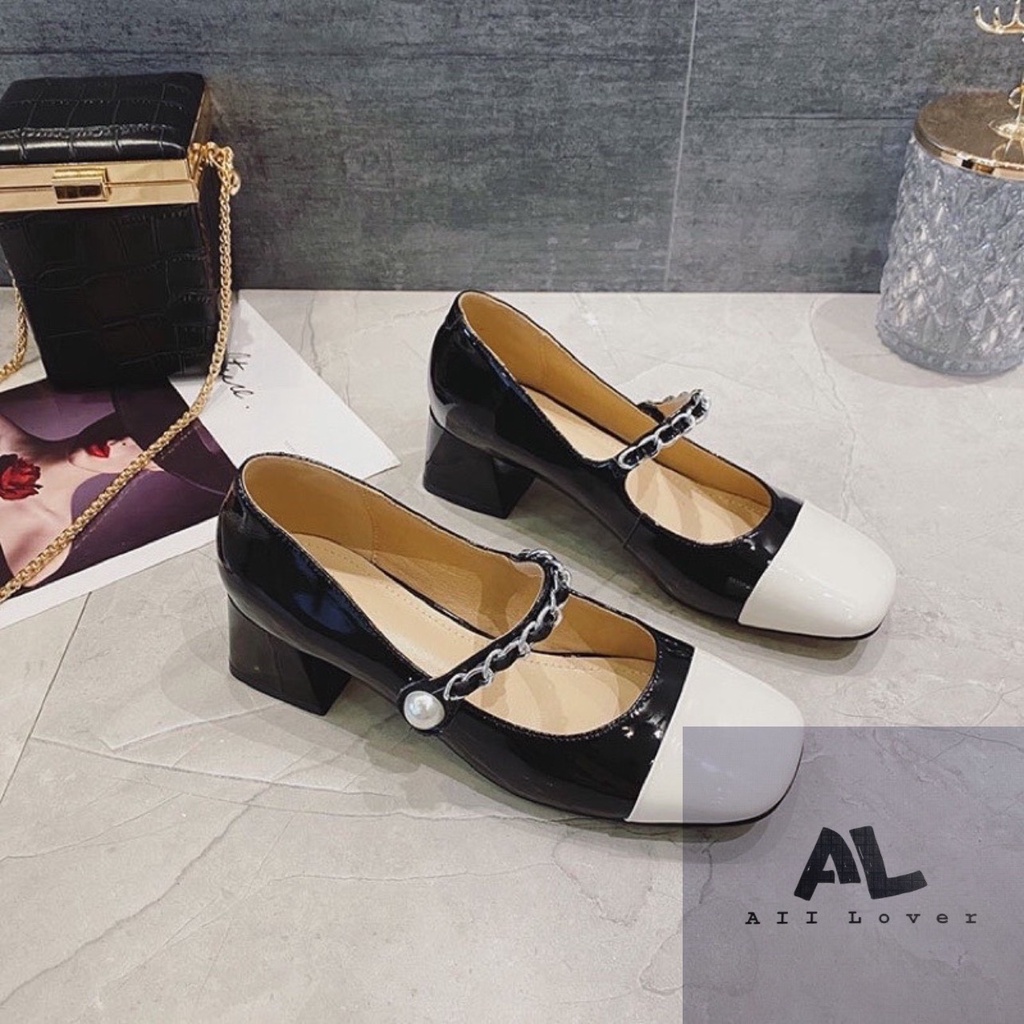 GIÀY NỮ ALI LOVER - CAO GÓT BÍT MŨI 5 PHÂN - GIÀY MŨI TRÒN QUAI DÁN PHỐI MÀU ĐEN TRẮNG - AG220216