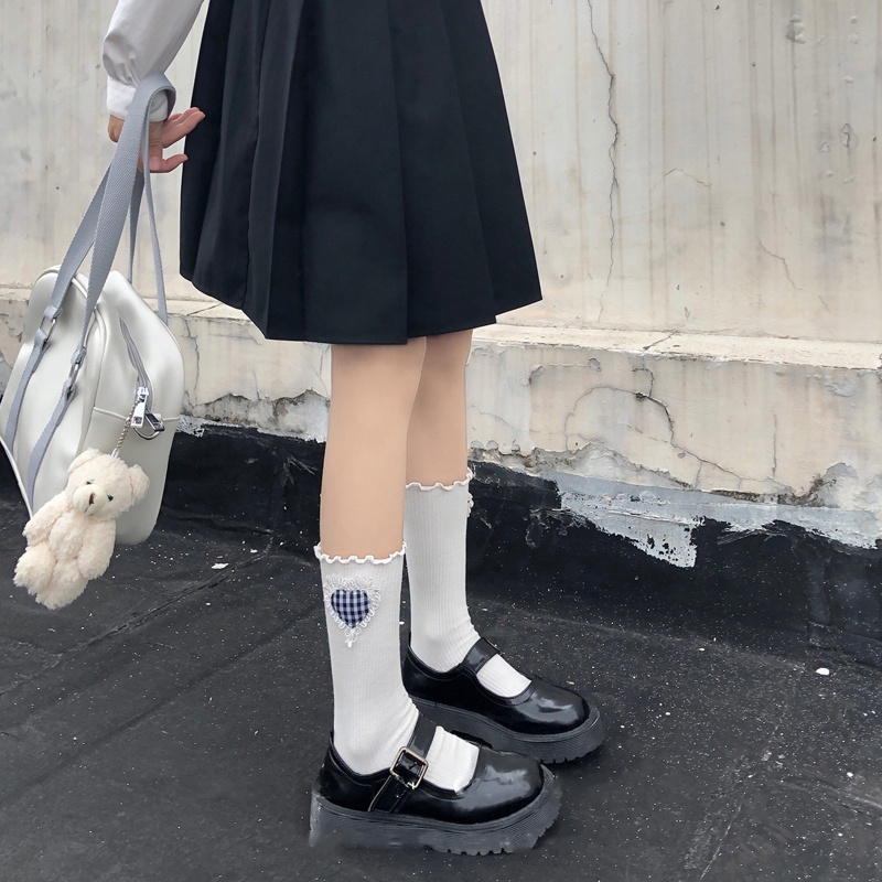 Vớ Dài Ngang Bắp Chân Bằng Vải Cotton Có Gân Phối Bèo Nhún Họa Tiết Caro Trái Tim 3D Phong Cách Lolita Ngọt Ngào Cho Nữ