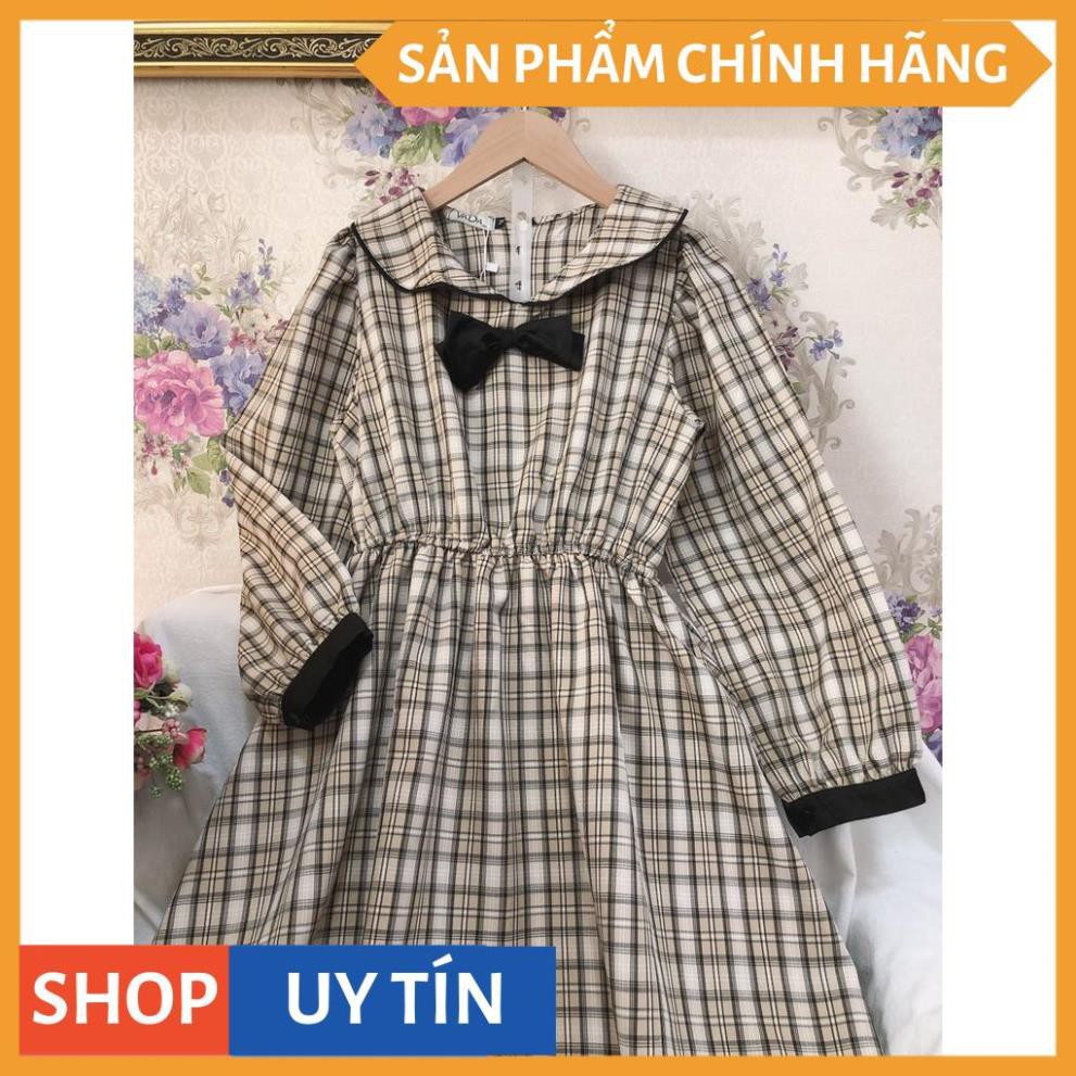 Đầm xòe caro tay dài, cổ nơ kiểu tiểu thư xinh yêu dễ thương, dự tiệc cưới đi chơi bao đẹp, hàng cao cấp tại VADA - V08 | BigBuy360 - bigbuy360.vn
