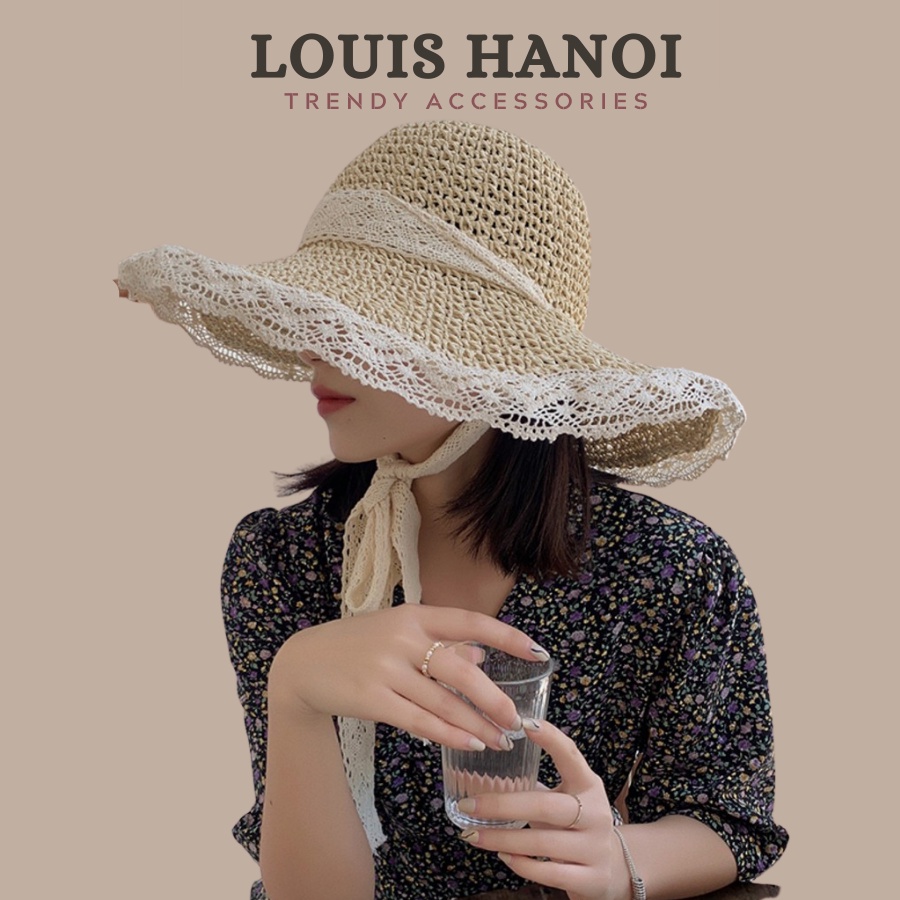Nón Cói, Mũ Cói Đi Biển Rộng Vành Phối Ren (Có Dây Ren Buộc Dưới Cằm) Phong Cách Vintage Louis Hanoi