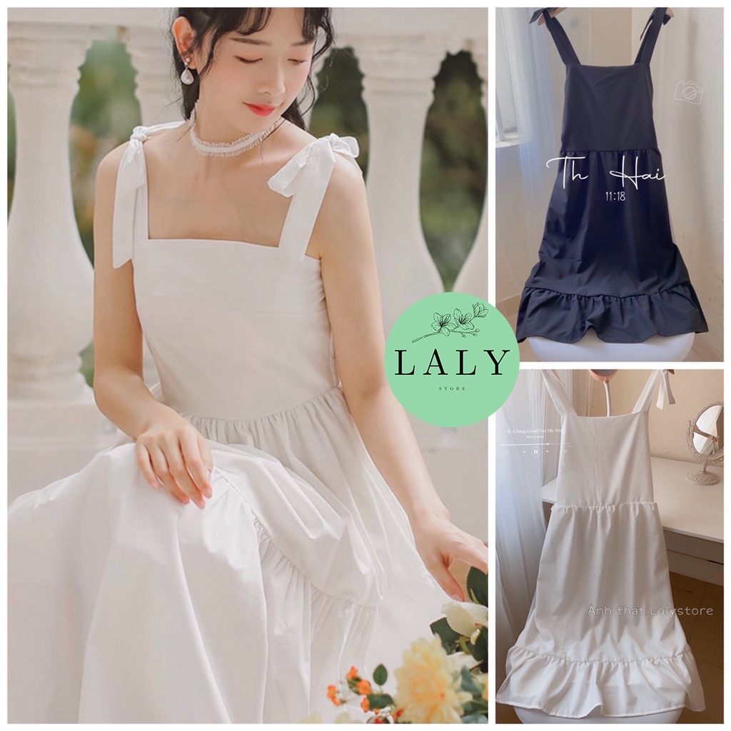 Đầm babydoll nữ , váy 2 dây dáng dài hở lưng buộc nơ vai LALY V03