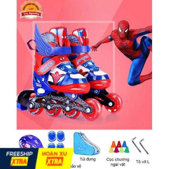 Bộ Giày trượt Patin trẻ em hàng hiệu Disney Spiderman - Full Mũ + Bộ bảo vệ + Túi + Quà - Giày Patanh có Ánh sáng