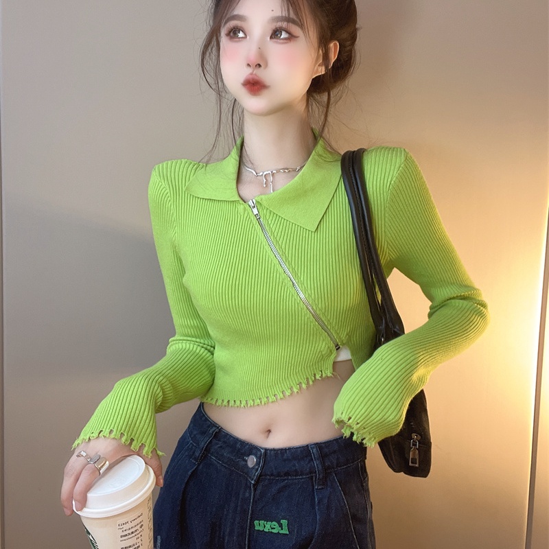 Áo Sweater Dệt Kim Cổ Polo Phối Khóa Kéo Thiết Kế Độc Đáo Thời Trang Mùa Thu Quyến Rũ Cho Nữ