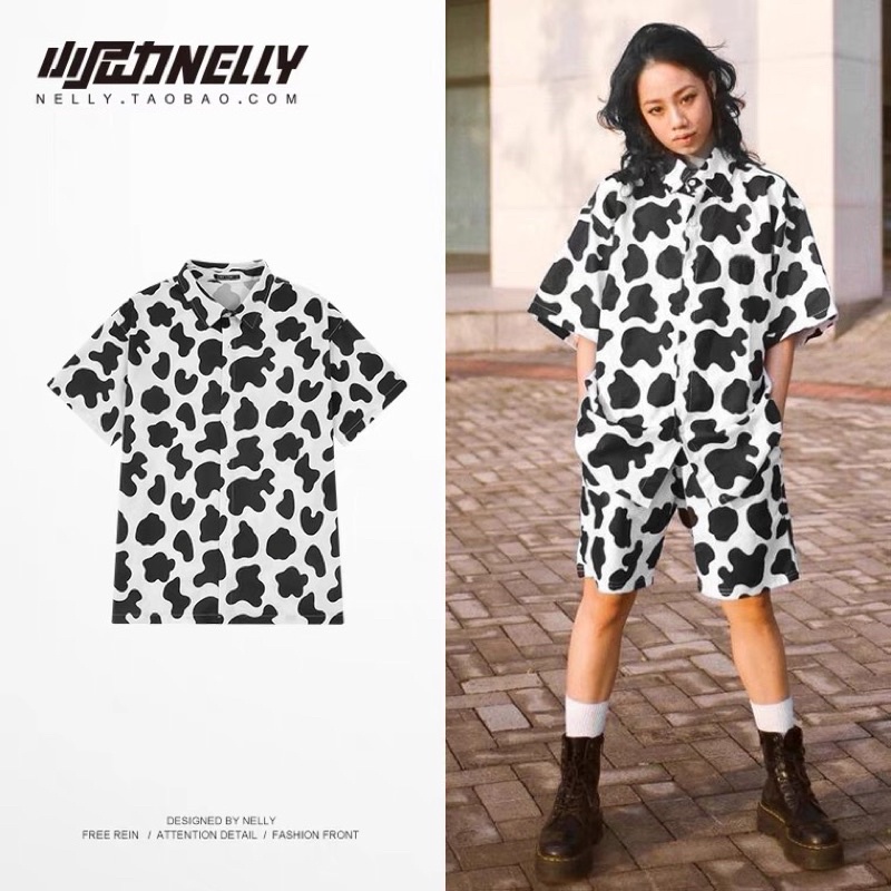 Áo sơ mi tay ngắn 7605 hoạ tiết bò sữa nelly Heybig dáng unisex form rộng 39 12