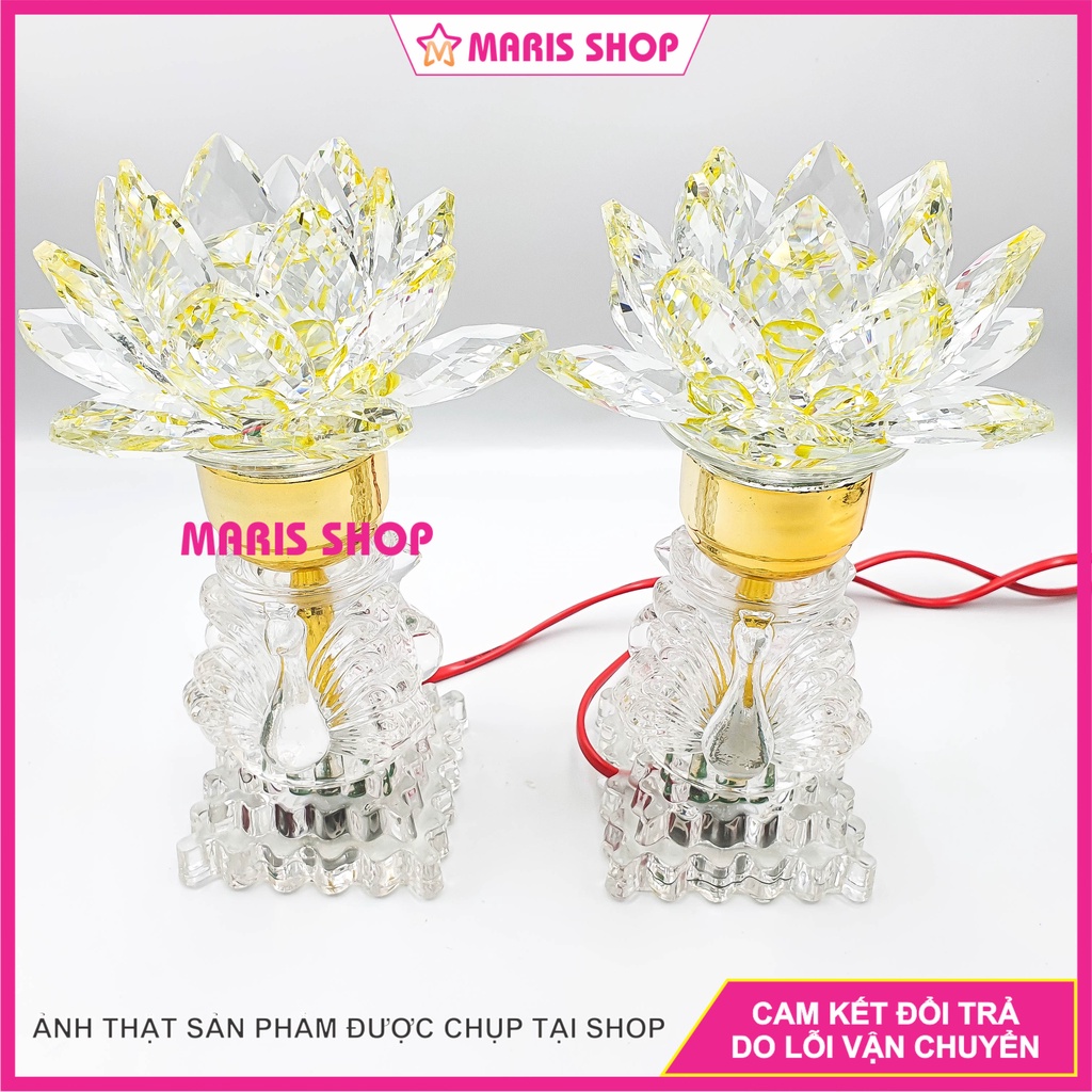 Đèn Hoa Sen Pha Lê Nguyên Khối Cao 20cm Để Bàn Thờ Phật, Đèn Thờ Hoa Sen Pha Lê Cao Cấp
