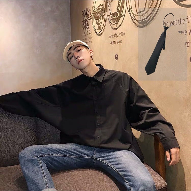 Áo Sơ Mi Tay Dài Dáng Rộng Màu Trơn Thời Trang Hàn Quốc Cho Nam