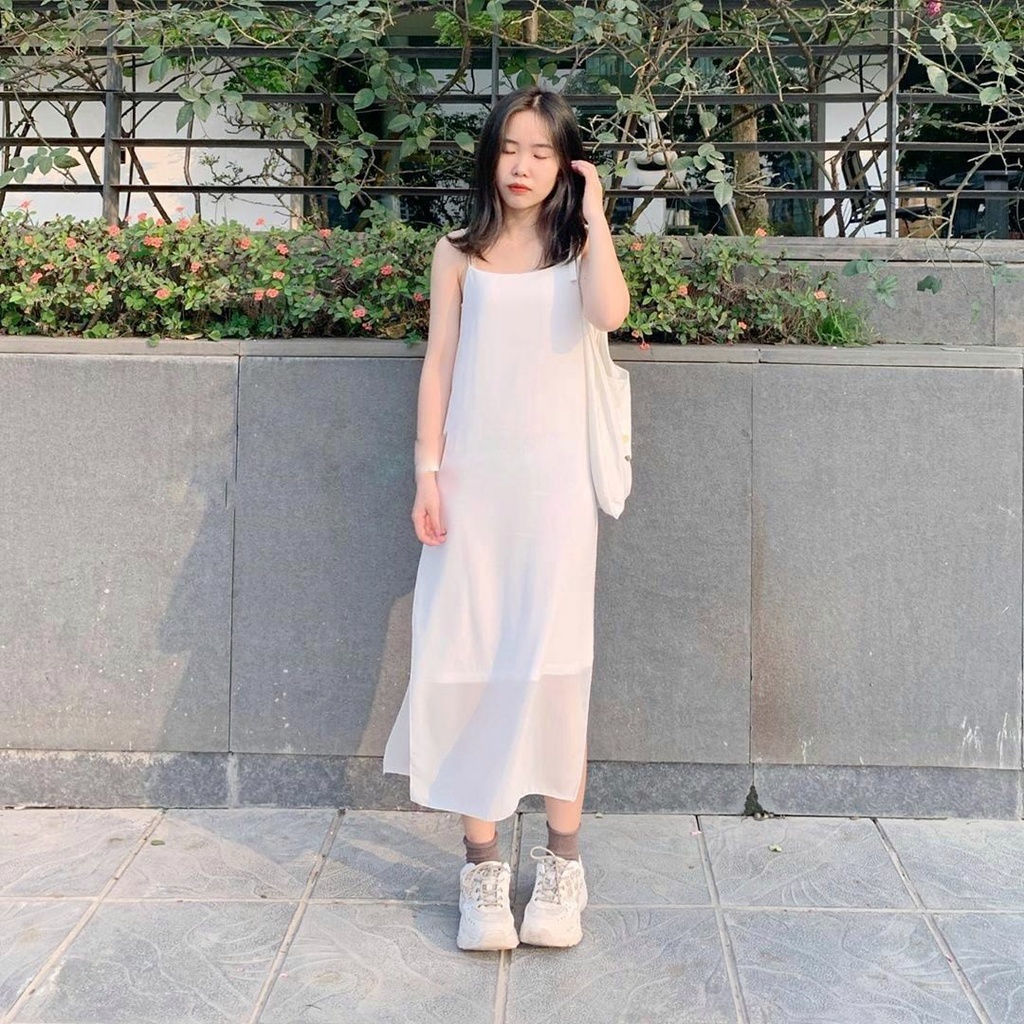 V005 Váy hai dây suông xẻ chất voan có lót cute, đầm hai dây trơn dài qua gối tiểu thư bánh bèo nữ tính Ulzzang | BigBuy360 - bigbuy360.vn