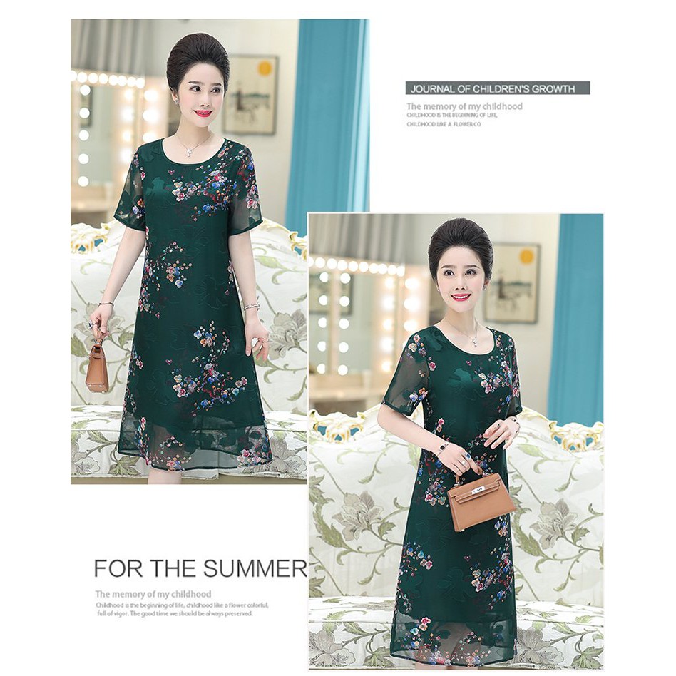 Đầm voan  trung niên cao cấp cho mẹ cho bà , hoa đào