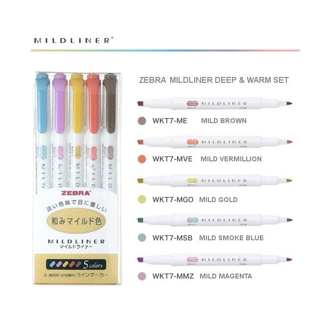 Bộ 5 bút đánh dấu hai đầu Zebra Mildliner Double-Sided Highlighter – Fine/Bold – 5 Deep &amp; Warm Color Set (Nhãn Vàng)