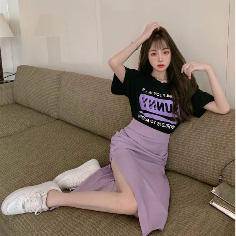 Bộ Áo Thun Ngắn Tay In Họa Tiết + Chân Váy Lưng Cao Xẻ Tà Xinh Xắn Dành Cho Nữ | BigBuy360 - bigbuy360.vn