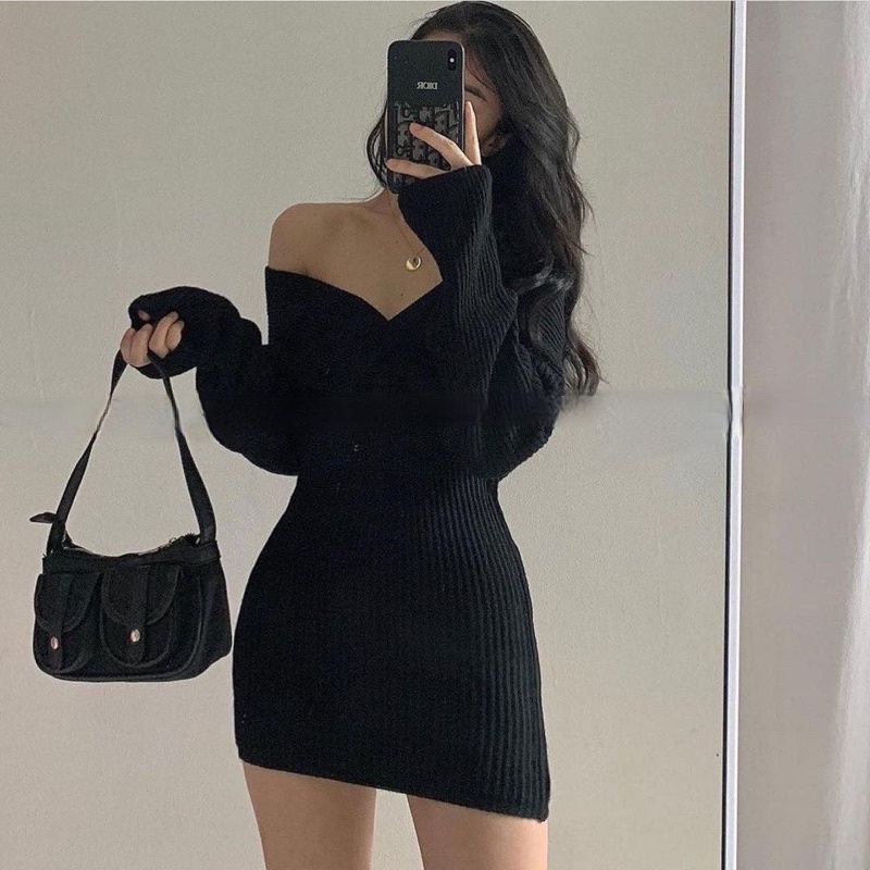 Váy đầm trễ vai tay dài thun gân tăm siêu sexyy - by SugarG