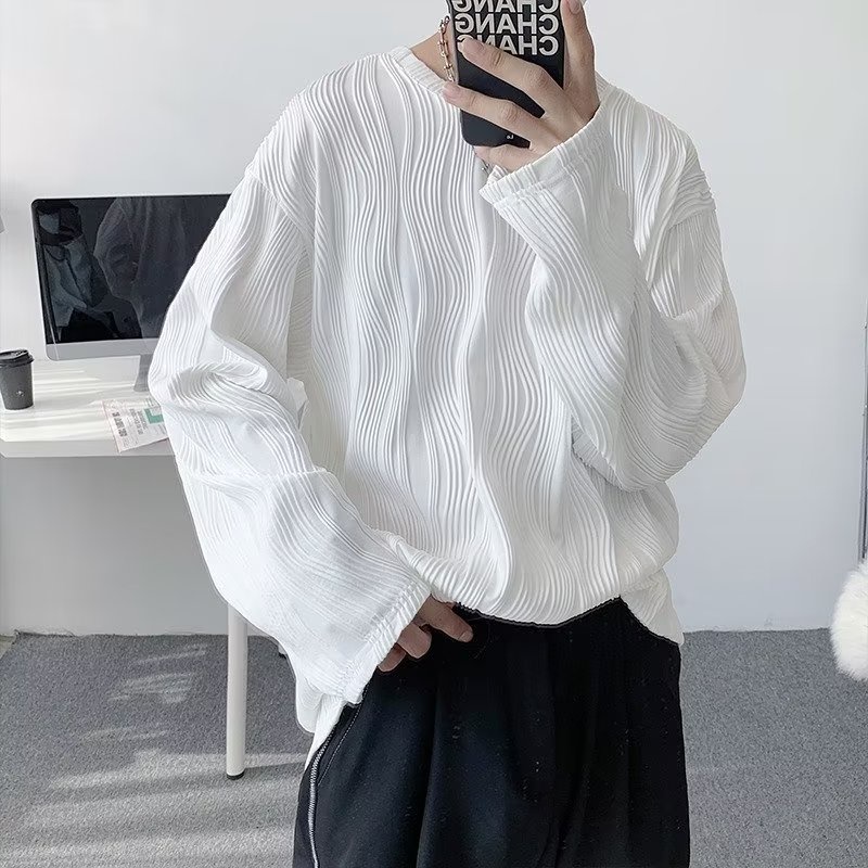 Áo Thun Tay Dài Vải Lụa Lạnh Xếp Ly Dáng Rộng Phong Cách Đường Phố Nhật Bản Cho Nam Cỡ M-3XL 2 Màu Lựa Chọn