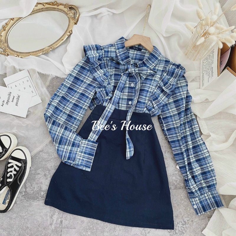 SET SƠ MI CARO XANH VIỀN BÈO NƠ CỔ + CHÂN VÁY FORM A