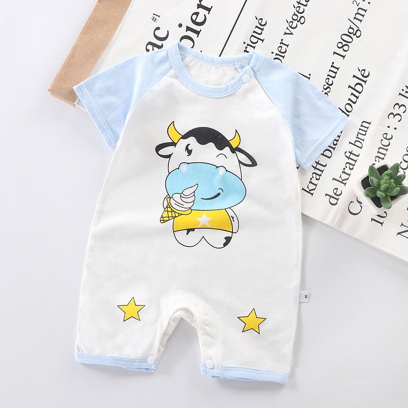 Bộ Áo Liền Quần Tay Ngắn Bằng Cotton In Họa Tiết Hoạt Hình Dễ Thương Dành Cho Trẻ Em 0-24 Tháng Tuổi