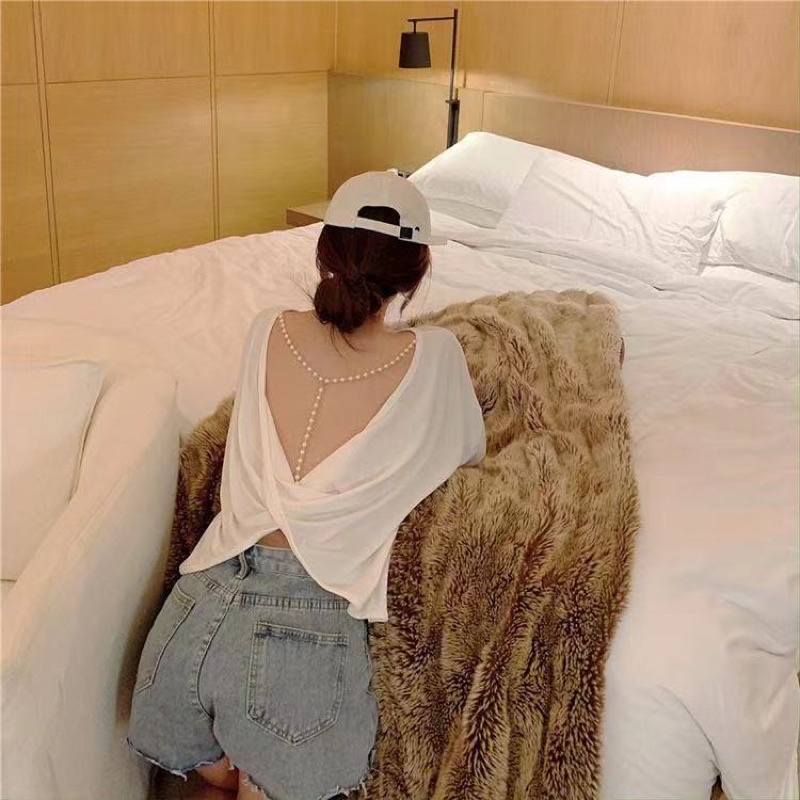 áo phông giấy mỏng oversize dáng rộng - kiểu xoắn lưng mix dây ngọc hở lưng sexy (8816#)