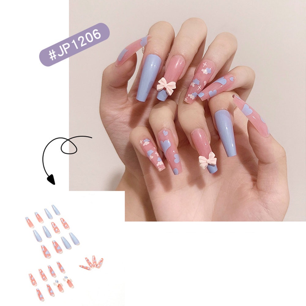 [Hàng mới về] Set 24 móng tay giả trong suốt có đính nơ xinh xắn có keo dán