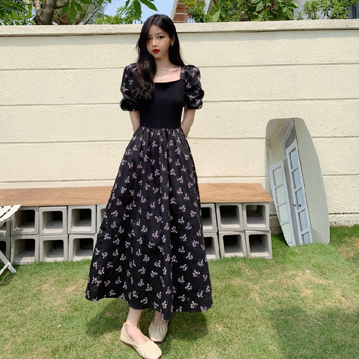 Đầm đen đầm suông bigsize đầm dài váy hoa nhí cổ vuông đầm vintage đầm tay phồng đầm nữ đầm dự tiệc sang trọng váy nữ xinh