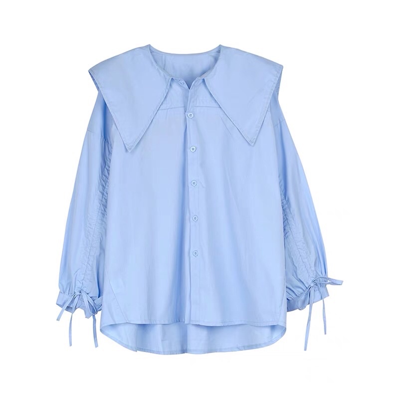 Áo sơ mi màu xanh da trời lỏng lẻo phong cách thiết kế lười biếng thích hợp Pháp tay áo phồng