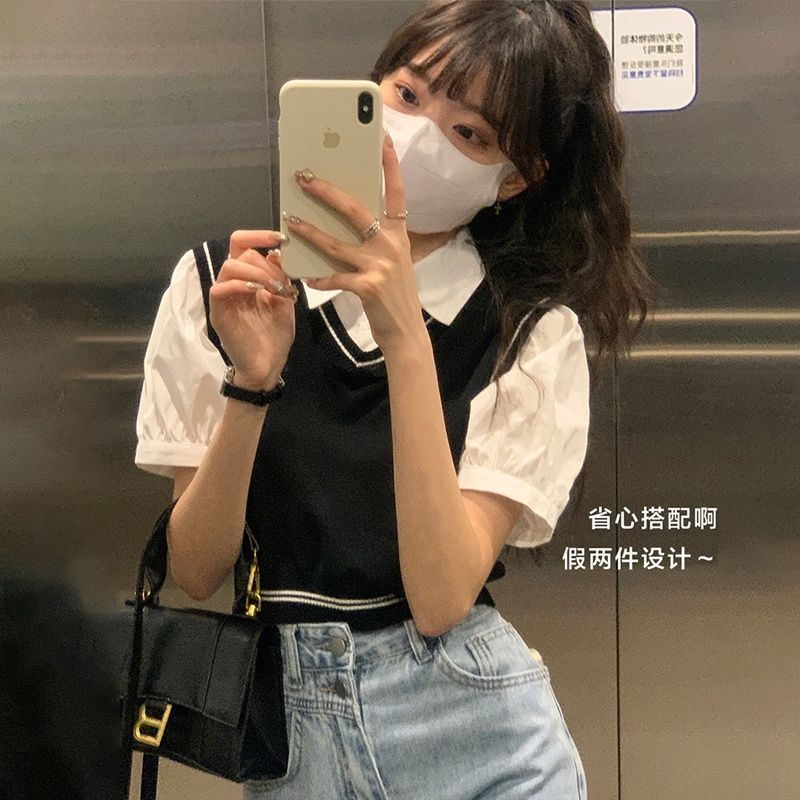 Áo len sweater nữ Montoghi kèm Gile kiểu 2 lớp phối cổ sơ mi trắng tay phồng học sinh dáng Hàn Quốc [Có Sẵn]