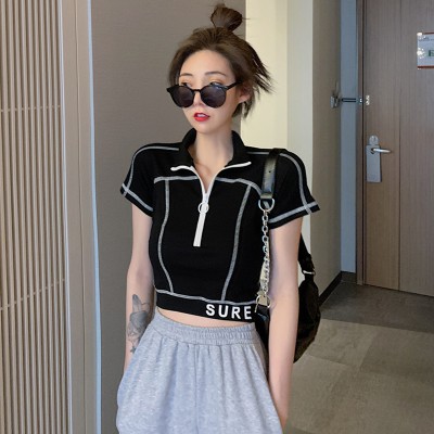 NRVP Áo cổ polo ngắn tay phối khóa kéo xinh xắn theo phong cách Hong Kong dành cho nữ 2020