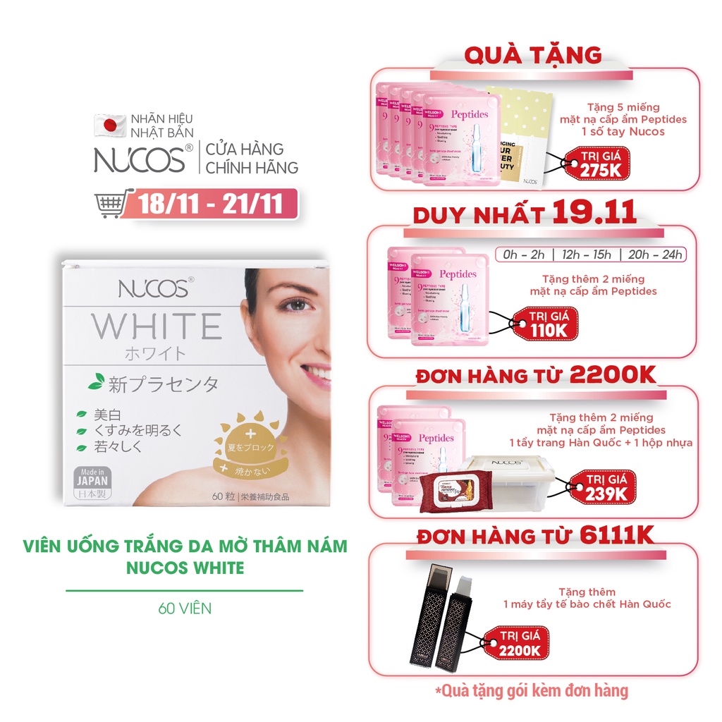 [Mã FMCGMALL -8% đơn 250K] Viên uống trắng da mờ thâm nám Nucos White 60 viên