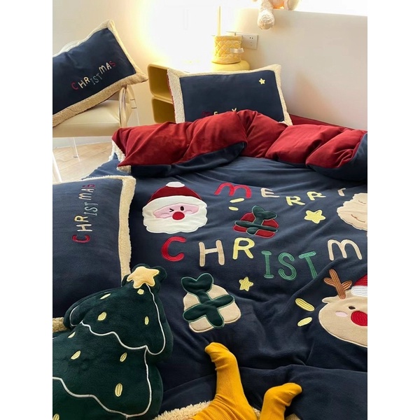 Bộ chăn ga gối nỉ nhung cao cấp Santa Claus Merry Christmas tặng kèm gối trang trí