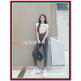 Quần jean nữ lưng cao xám trơn xịn chất mịn mềm 17DCE