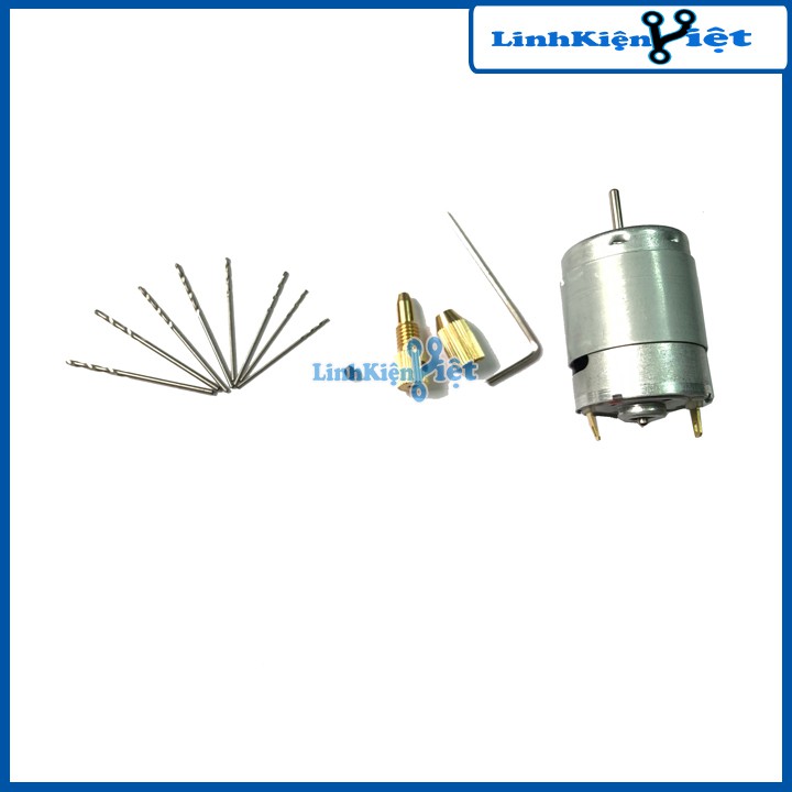Khoan mini siêu khỏe chế từ động cơ 335 và phụ kiện V1 (01 đầu kẹp 2315, mũi khoan 0.8-1.0-1.2-1.5mm mỗi loại 2 chiếc)