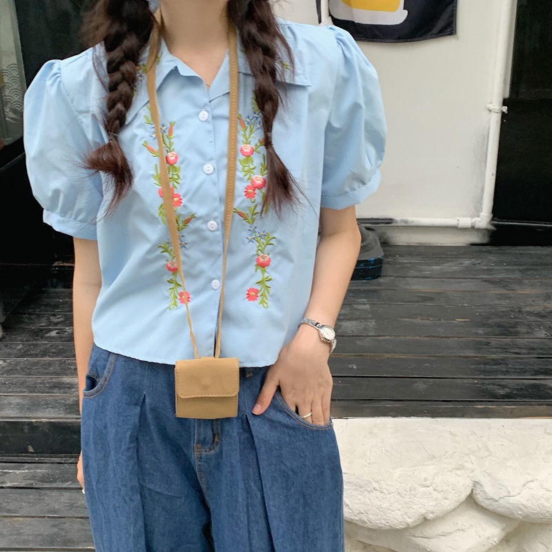 Áo sơ mi thêu hoa phong cách retro Hàn Quốc thiết kế thời trang cho nữ