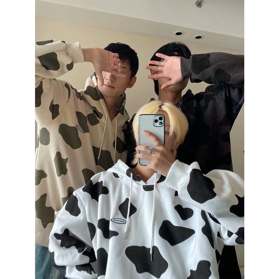 Áo Hoodie Thể Thao Dáng Rộng In Hình Bò Sữa Màu Trắng Đen Cá Tính Cho Cặp Đôi