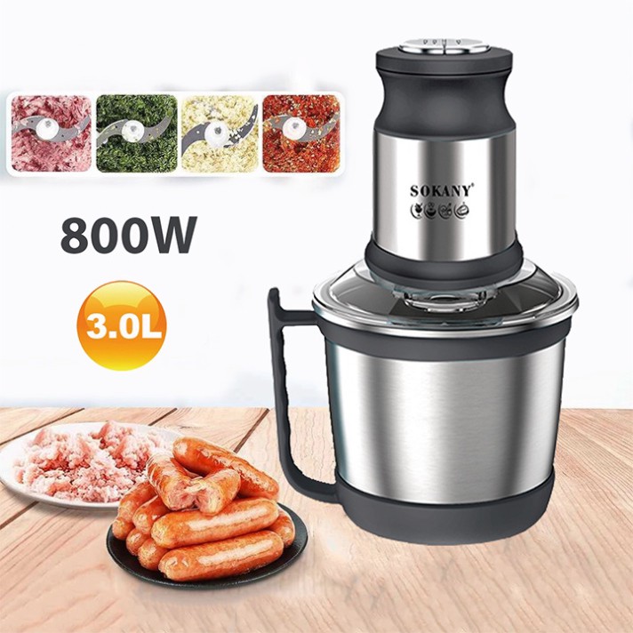Máy Xay Thịt, Máy Xay Tỏi ớt Rau Củ Đa Năng Cối 3L INOX Công Suất Lớn 800W SOKANY