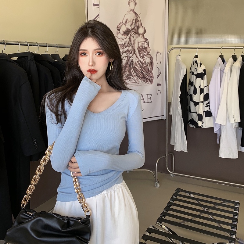 SUXI Áo Croptop Tay Dài Cổ Chữ V Màu Sắc Đơn Giản Cho Nữ