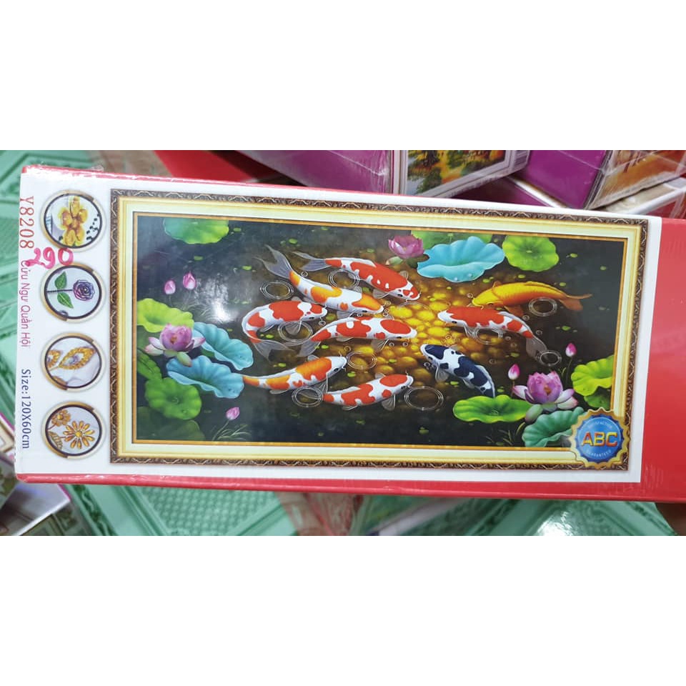 Tranh đính đá cá cửu ngư quần hội KT:120x60cm,160x75cm. Tranh gắn đá tự làm.
