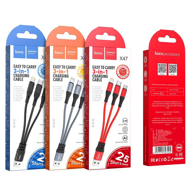 Cáp Sạc Hoco X47 3 Đầu Dây Dù Chống Đứt Dài 25CM-BH 6 Tháng 1 đổi 1- Hưng Long PC