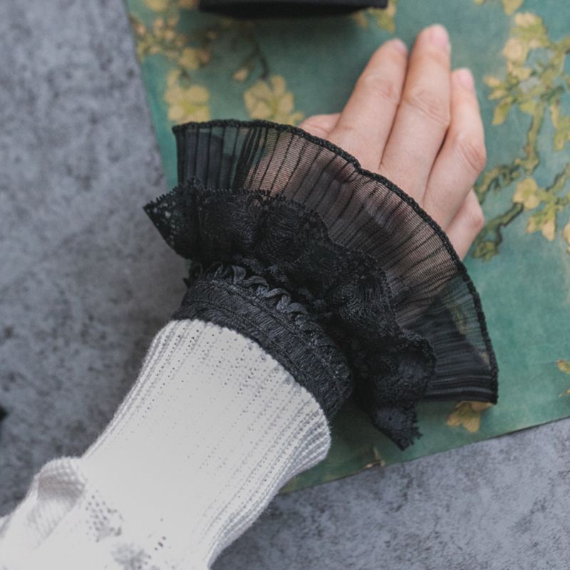Hum Cặp cổ tay áo giả phối ren thiết kế nhăn phong cách retro cho nữ