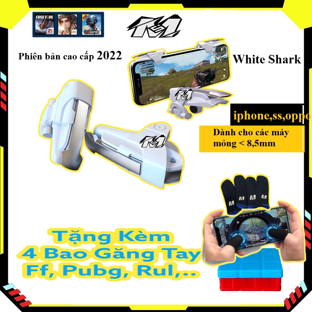 Nút bắn Pubg FF White Shark cao cấp Tặng 4 găng tay chơi game siêu nhạy chơi, liên quân mobile thích hợp như gaming 2022