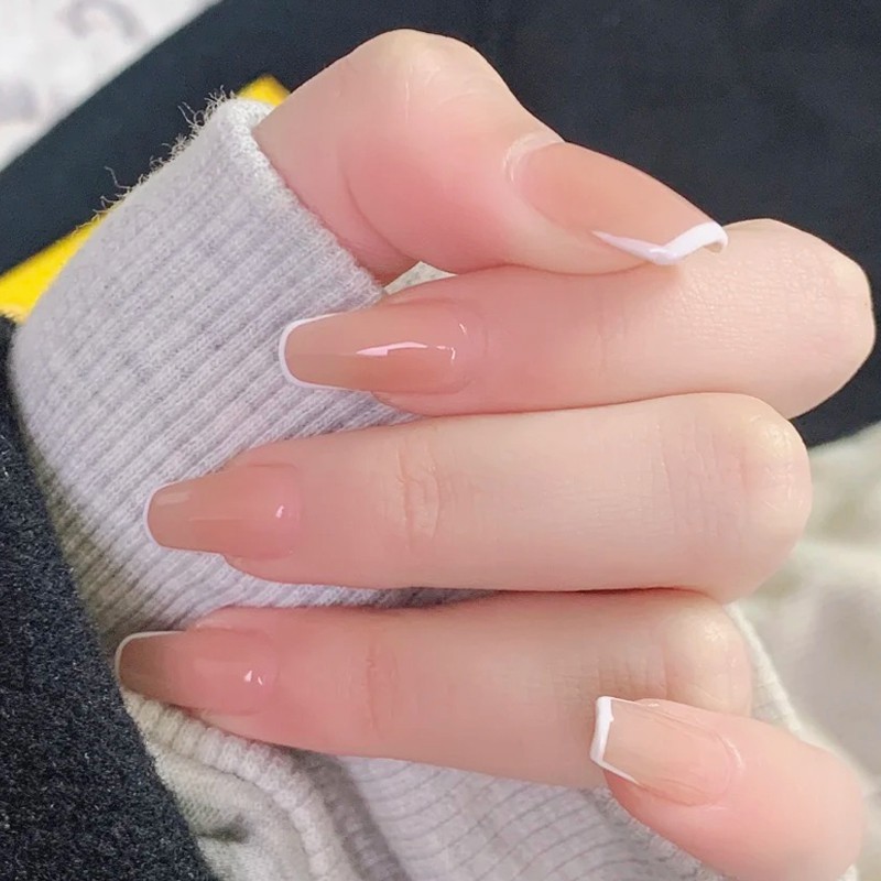 [Hàng mới về] Móng tay giả kiểu Pháp đầu vuông bóng trang trí nghệ thuật hợp thời trang