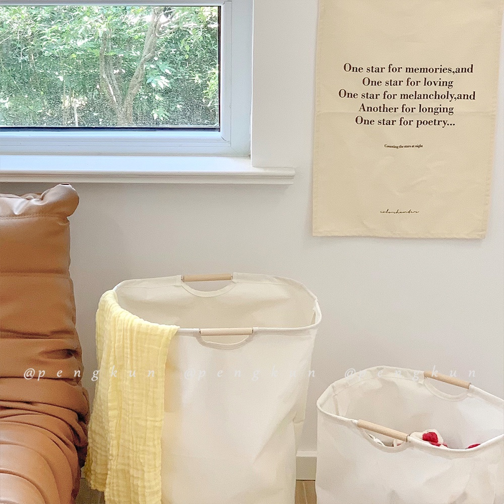 Giỏ đựng quần áo dơ/đồ chơi/chăn mền chống nước gấp được tay cầm bằng gỗ phong cách Nhật Bản