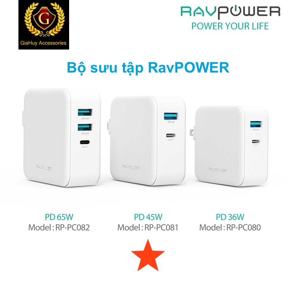 Củ sạc nhanh Macbook Air, iPad Pro, iPhone 12 RavPOWER RP-PC081 PD 45W - 02 cổng sạc (USB-C PD 45W & 01 USB-A QC 3.0 18W