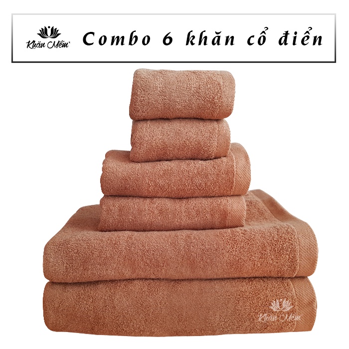 Bộ Combo 6 Khăn Cao Cấp Khăn Mềm Cổ Điển 100% Cotton, Không Ra Màu, Không Xổ Lông, Thấm Hút Nước Siêu Tốt